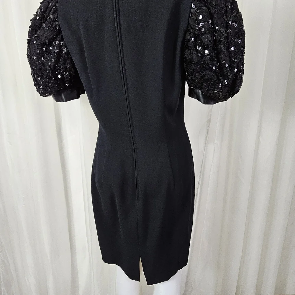 Vintage Morton Myles black sequin puff sleeve cocktail dress sweetheart neckline